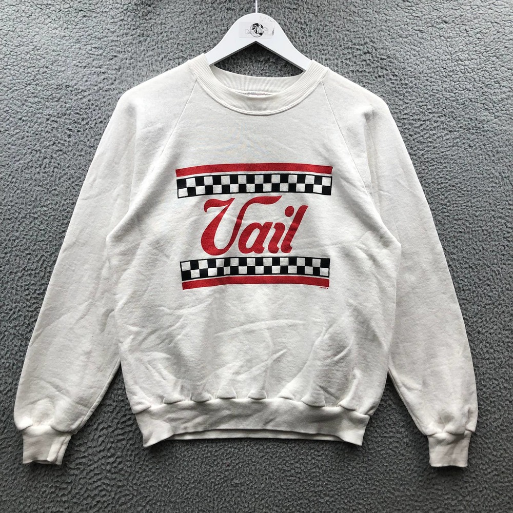 Vintage 80s Jerzees Vail Sweatshirt Men's M Long Sleeve Checker Graphic White